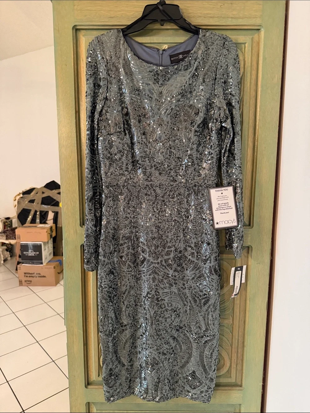 Betsy Adam Slate Gray Sequin Long Sleeve Cocktail Dress